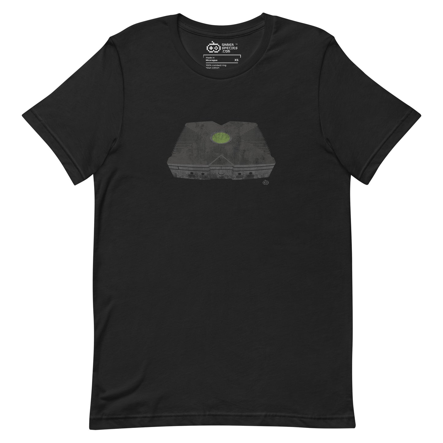 The X t-shirt - a 100% cotton t-shirt inspired by early 2000s console gaming, chunky controllers, green glow and the start of a more connected era of play.